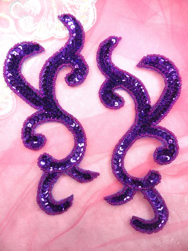 JB240 Sequin Appliques Purple Beaded Scroll Designer Mirror Pair 6.75