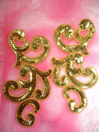 JB252 Sequin Appliques Gold Beaded Scroll Mirror Pair Patch 7