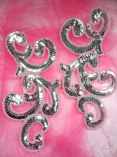 JB252 Sequin Appliques Silver Beaded Scroll Mirror Pair Patch 7\