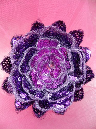 GB409 Sequin Applique Floral 3D Purple Embroidered Patch 3