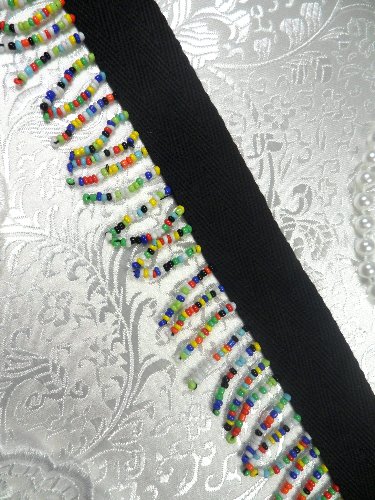 (REMNANT) T3 Black Fabric Multicolor Dangle Fringe Beaded Tribal Indian Trim 27