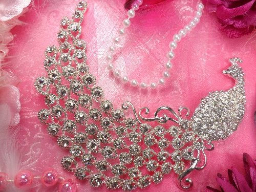 RMTS123 REDUCED Silver Crystal Rhinestone Peacock Embellishment 6.75