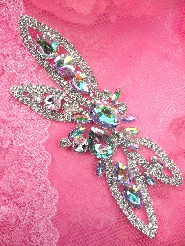 TS19 Silver Crystal Clear And Aurora Borealis Rhinestone Applique Embellishment  7