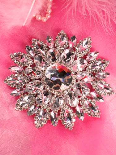 TS49 Silver Crystal Clear Rhinestone Applique Embellishment 4.25