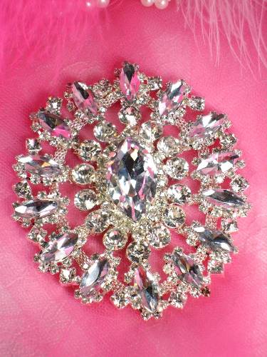 TS50 Round Floral Silver Crystal Clear Rhinestone Applique Embellishment 3.75