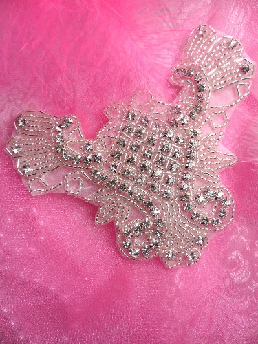 TS95 Crystal Clear Silver Beaded Rhinestone Applique 4.75