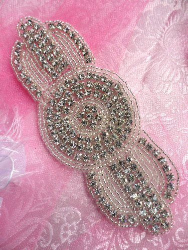 RMTS99 REDUCED Crystal Clear Silver Beaded Rhinestone Applique 6 x 2.5