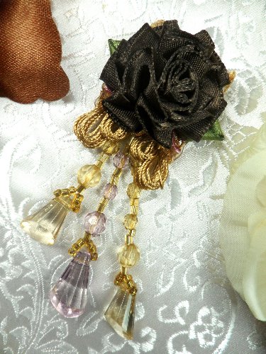 VD37 Applique Brown Floral Slant Beaded Dangle 3.25\