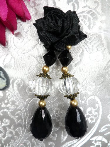 VD38 Applique Black Floral Dangle Black Crystal Beads 3.5\