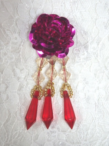 VD4  Fuchsia Red Floral Dangle Sequin Beaded Applique 3