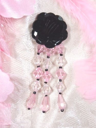 VD8    Black W/ Pink Floral Dangle Beaded Applique 3