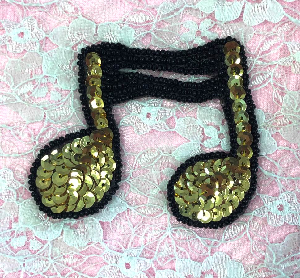 W27  Black Gold Musical Note Sequin Beaded Applique 2.25