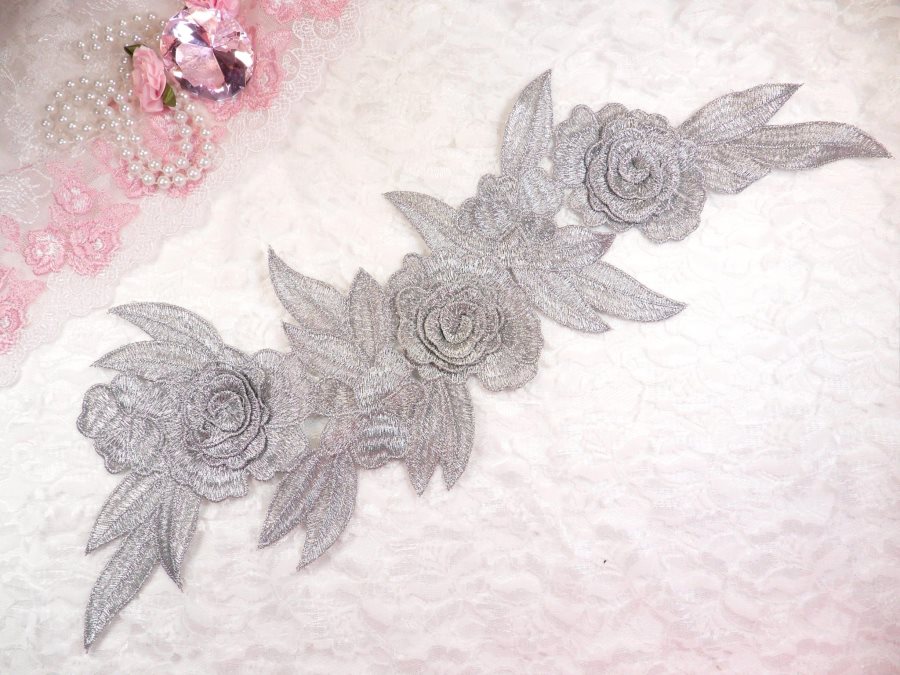 Embroidered Floral 3D Applique Silver Rose Patch Craft Motif 16.75 (W45)