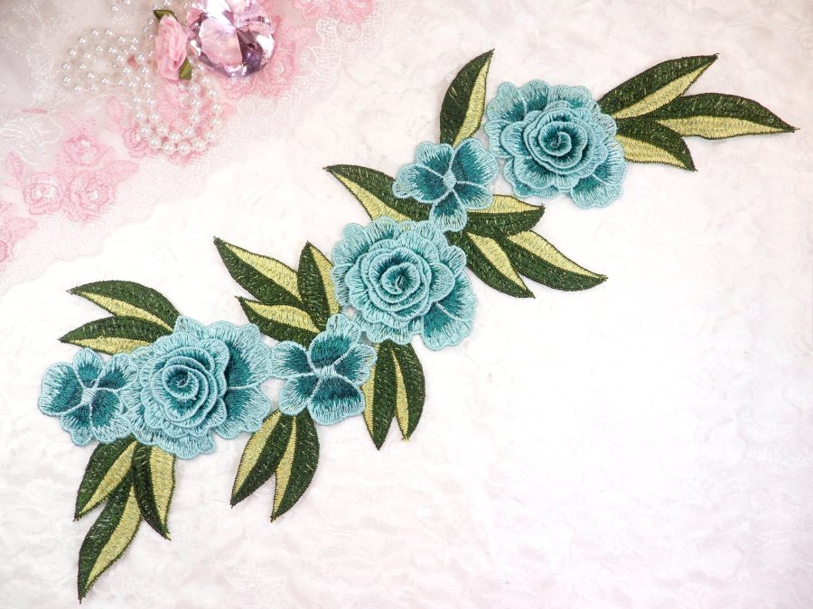 Embroidered Floral 3D Applique Teal Rose Patch Craft Motif 16.75 (W45)