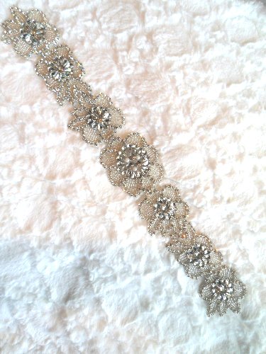 XR292 Crystal Rhinestone Applique Silver Beaded w/ Pearls Bridal Sash Patch Motif 16.5