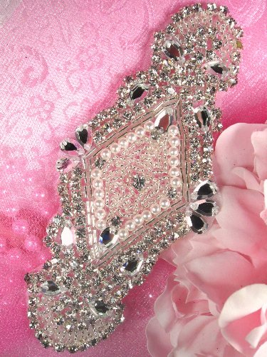 XR112 Ariel Bridal Motif Silver Crystal Clear Rhinestone Applique w/ Pearls 5.5\