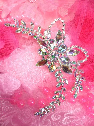 XR127 Aurora Borealis Floral Leaf vine Rhinestone Applique Embellishment 7.5