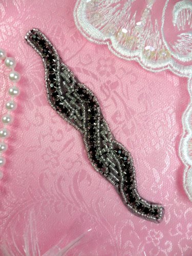 XR129 Rhinestone Applique Black Silver Beaded Patch 4.75