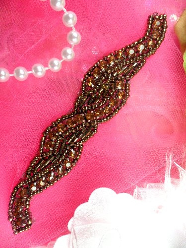 XR129 Brown Bronze Rhinestone Beaded  Applique 4.75