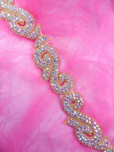XR130 Gold Backing Crystal Rhinestone Aurora Borealis Gold Beaded Trim