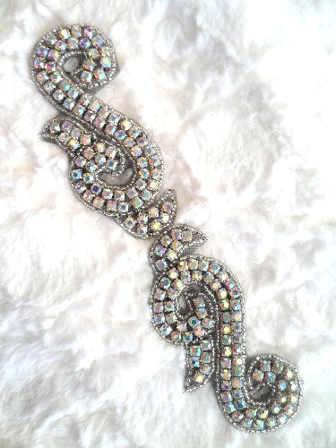 ACT/XR130/B Black Backing Crystal AB Aurora Borealis Rhinestone Silver Beaded Applique UNCUT  7.5\