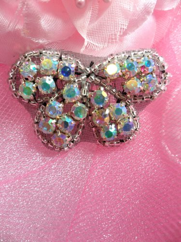 XR133 Black Backing Aurora Borealis Butterfly Bow Silver Beaded Crystal AB Rhinestone Applique 1.75\