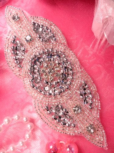 XR137 Silver Triple Circle Rhinestone Beaded Sequin Applique 5.25 Hot Fix Iron on