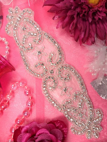 XR142  Bridal Sash Silver Beaded Crystal Rhinestone Applique 9\