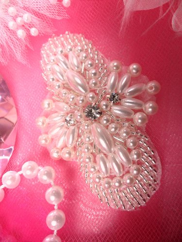 XR149 Hot Fix Silver Pearl  Beaded Rhinestone Applique 2.75\