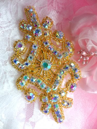 XR15 Aurora Borealis Crystal AB Rhinestone Gold Beaded Applique 4
