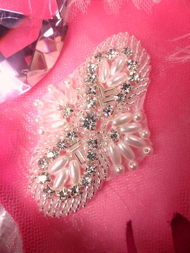 XR151 Hot Fix Silver Pearl  Beaded Crystal Rhinestone Applique 2.75