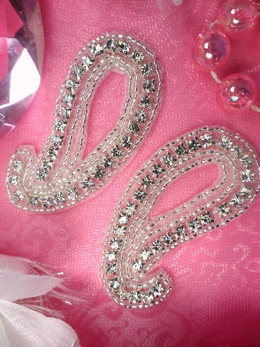 XR153  Paisley Mirror Pair Silver Beaded Crystal Rhinestone Appliques 3\