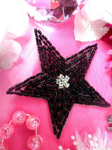 XR154  Black Star Beaded Rhinestone Applique 3.75
