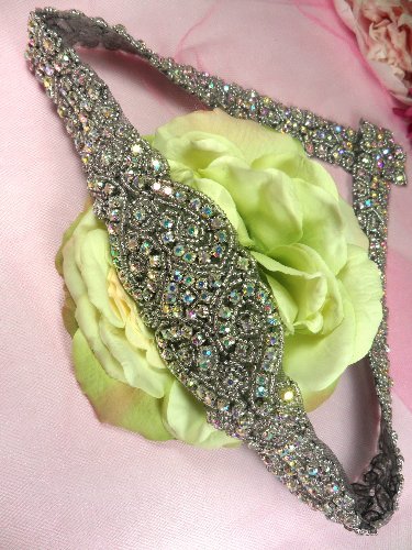 XR155 Aurora Borealis Black Backing Bridal Sash Crystal AB Rhinestone Applique Silver Beaded 27