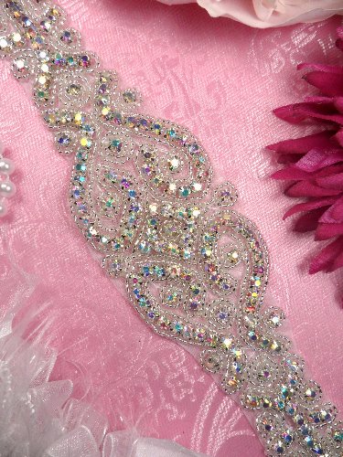 XR155 Aurora Borealis Bridal Sash Crystal AB Rhinestone Applique Silver Beaded 27