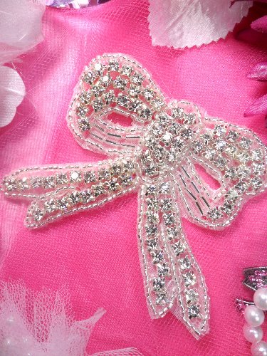 XR156  Silver Beaded Bow Crystal Rhinestone Applique 2.75