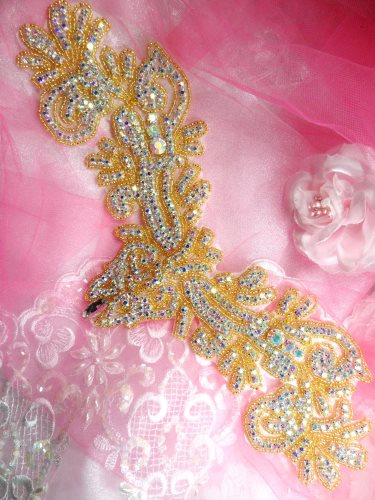 XR157 Applique Aurora Borealis Crystal AB Rhinestone Gold Beaded 13
