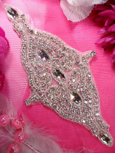 XR159 Bridal Sash Silver Beaded Crystal Rhinestone Applique 7.5\