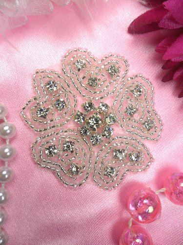 XR160 Heart Clover Silver Beaded Crystal Rhinestone Applique 2