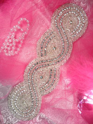 XR161 Braided Bridal Sash Silver Beaded Crystal Rhinestone Applique 9.5