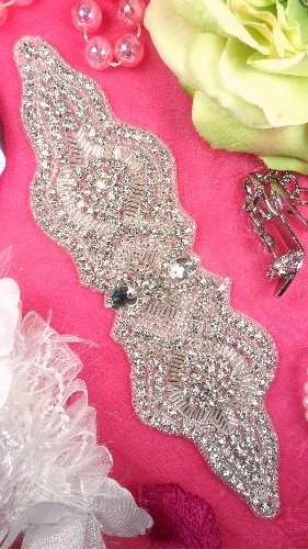 XR164 Bridal Sash Crystal Rhinestone Applique Silver Beaded 9