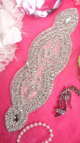 XR165 Bridal Sash Crystal Rhinestone Applique Silver Beaded 9