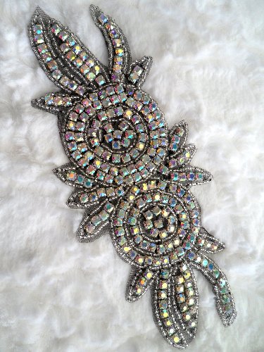 XR17 Black Backing Rose Double Floral Silver Beaded Crystal AB Rhinestone Applique 7.25\