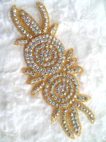 XR17 Gold Beaded Rose Double Floral Crystal AB Rhinestone Applique 7.25\