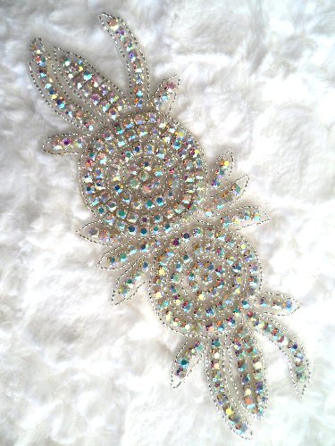 XR17 Silver Beaded Rose Double Floral Crystal AB Rhinestone Applique 7.25\