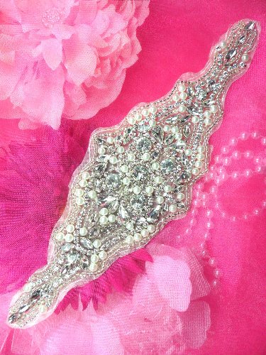 XR187 Bridal Motif Silver Crystal Clear Rhinestone Applique w/ Pearls 10