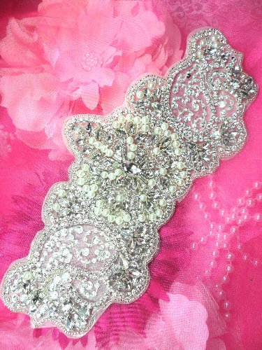 XR189 Bridal Motif Silver Crystal Clear Rhinestone Applique w/ Pearls 9