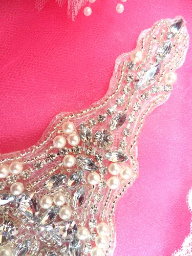 XR193 Bridal Motif Silver Crystal Clear Rhinestone Applique w/ Pearls 10