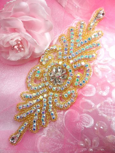 XR199 Applique Aurora Borealis Rhinestone Gold Beaded 7