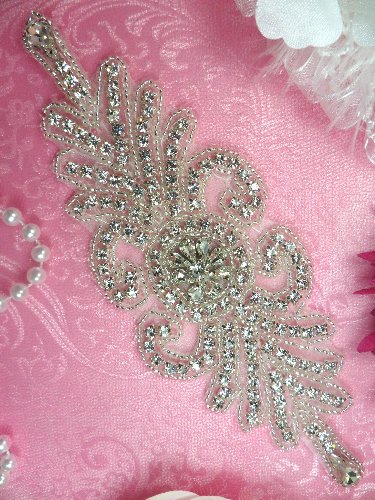 XR199 Crystal Rhinestone Applique Silver Beaded  7"